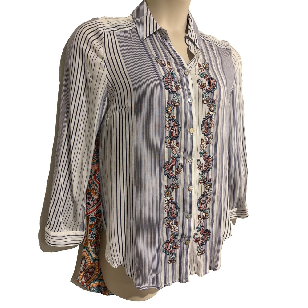 Chicos Striped Button Down Shirt~M Paisley Embroidered  Hi‎ Low Hem Boho Coastal